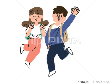 ジャンプしている二人の学生のイラスト　コミカルな手書きの人物　ベクター、線画にカラー 114399888