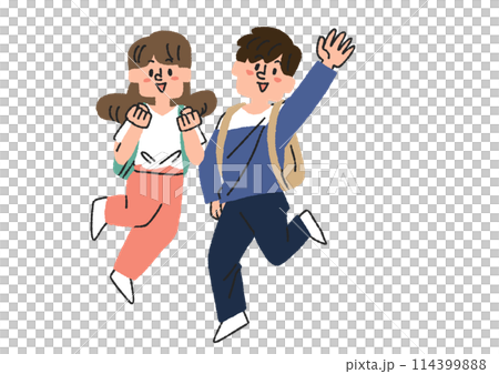 ジャンプしている二人の学生のイラスト　コミカルな手書きの人物　ベクター、線画にカラー 114399888