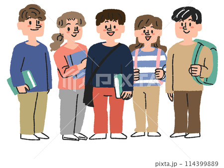 5人並んで立っている学生たちのイラスト コミカルな手書きの人物 ベクター、線画にカラー 5人並んで立っている学生たちのイラスト コミカルな手書きの人物 ベクター、線画にカラー 114399889