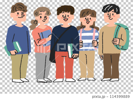 5人並んで立っている学生たちのイラスト コミカルな手書きの人物 ベクター、線画にカラー 5人並んで立っている学生たちのイラスト コミカルな手書きの人物 ベクター、線画にカラー 114399889