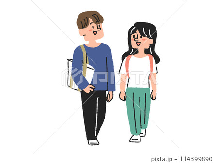 二人並んで歩いている学生のイラスト コミカルな手書きの人物 ベクター、線画にカラー 二人並んで歩いている学生のイラスト コミカルな手書きの人物 ベクター、線画にカラー 114399890