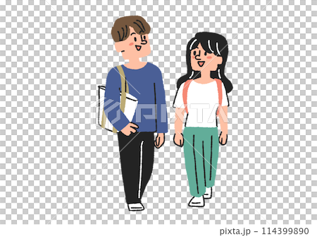 二人並んで歩いている学生のイラスト コミカルな手書きの人物 ベクター、線画にカラー 二人並んで歩いている学生のイラスト コミカルな手書きの人物 ベクター、線画にカラー 114399890