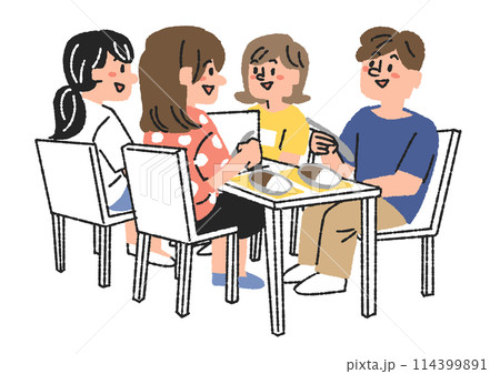 学食で食事をしている学生たちのイラスト コミカルな手書きの人物 ベクター、線画にカラー 学食で食事をしている学生たちのイラスト コミカルな手書きの人物 ベクター、線画にカラー 114399891