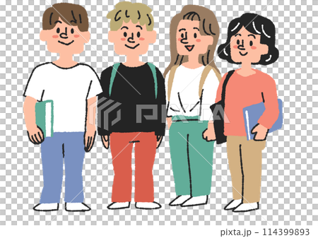 Illustration of four students standing in a line, comical hand-drawn characters, vector, color line drawing 114399893