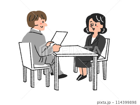 面接を受けている女性のイラスト コミカルな手書きの人物 ベクター、線画にカラー 面接を受けている女性のイラスト コミカルな手書きの人物 ベクター、線画にカラー 114399898