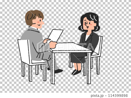 Illustration of a woman undergoing an interview, comical hand-drawn person, vector, color line drawing 114399898