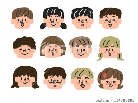 子供達の顔のイラストセット コミカルな手書きの人物 ベクター、線画にカラー 子供達の顔のイラストセット コミカルな手書きの人物 ベクター、線画にカラー 114399899