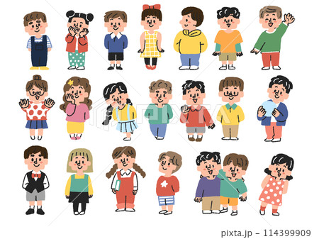 いろんな立っている子供達のイラストセット コミカルな手書きの人物 ベクター、線画にカラー いろんな立っている子供達のイラストセット コミカルな手書きの人物 ベクター、線画にカラー 114399909