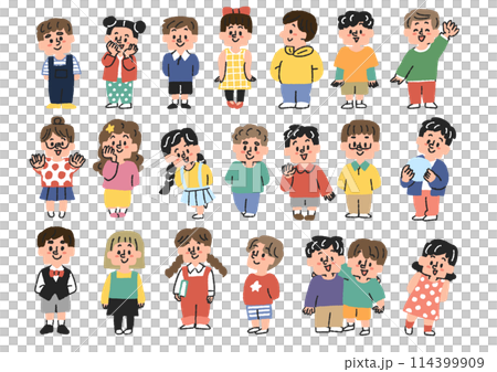 いろんな立っている子供達のイラストセット コミカルな手書きの人物 ベクター、線画にカラー いろんな立っている子供達のイラストセット コミカルな手書きの人物 ベクター、線画にカラー 114399909