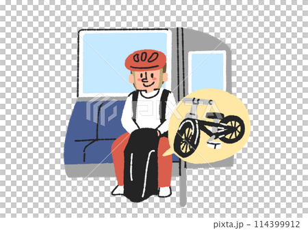 折りたたみ自転車を電車に乗せ輪行する男性 趣味で自転車を楽しむ人々 折りたたみ自転車を電車に乗せ輪行する男性 趣味で自転車を楽しむ人々 114399912