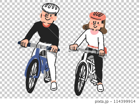 自転車に乗っている男性と女性　趣味で自転車を楽しむ人々 114399914