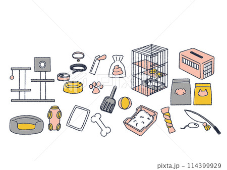 ペット用品の手書きアイコンセット ペット用品の手書きアイコンセット 114399929