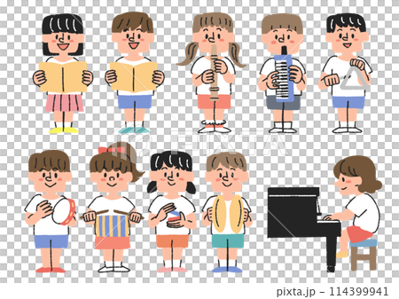 さまざまな楽器を演奏する子供達のイラストセット 114399941