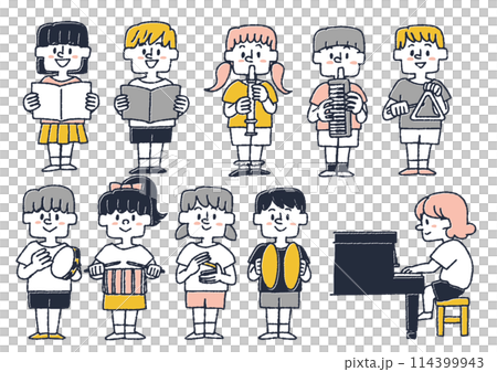 さまざまな楽器を演奏する子供達のイラストセット 114399943