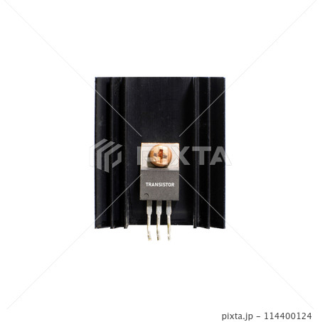 Transistor on heatsink of electronic amplifier on white background , Electronics parts concept 114400124