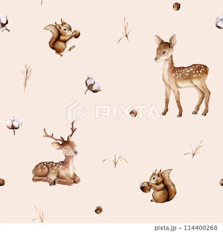 Watercolor seamless pattern with deer and squirrel forest animals and hazelnut. Cute childrens repeat wallpaper muted colored. Flowers and leaves isolated on background. Hand painted illustration 114400268