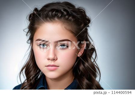 A young woman with long, curly brown hair and blue eyes looking directly at the camera. 114400594