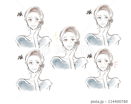 肌トラブルに悩むミドル女性のイラストセット 114400780