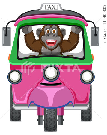 Cheerful Monkey Driving Colorful Taxi 114400805