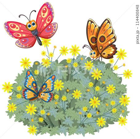 Colorful Butterflies on Flowering Bush 114400848