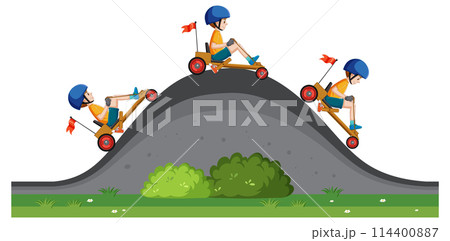 Children Racing Carts Downhill in Park Children Racing Carts Downhill in Park 114400887