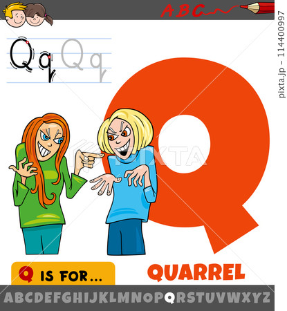 letter Q from alphabet with quarrel word cartoon illustration 114400997
