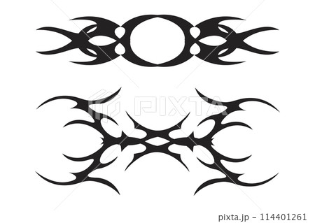 Neo tribal heart y2k aesthetic tattoo gothic cover, fire or wings abstract silhouette isolated on background. Divider, border, cyber body ornament, neotribal web goth decoration Neo tribal heart y2k aesthetic tattoo gothic cover, fire or wings abstract silhouette isolated on background. Divider, border, cyber body ornament, neotribal web goth decoration 114401261