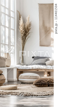 Minimalist interior design composition in a bright room with Scandinavian and zen decor. Home interiors in a luxurious style. 114401504