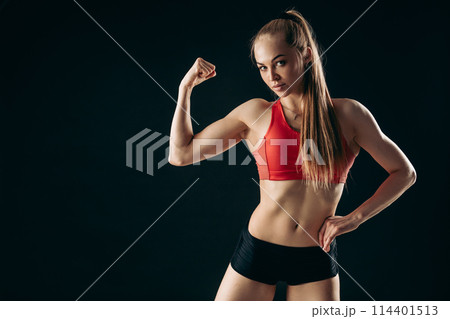 gorgeous athlete with perfect body is working out in the gym 114401513