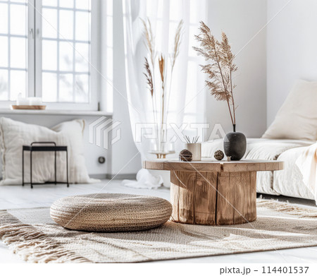Minimalist interior design composition in a bright room with Scandinavian and zen decor. Home interiors in a luxurious style. 114401537