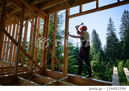 Carpenter constructing wooden frame, two-story house near forest. Bearded man hammering nails with hammer while dressed in protective helmet, work coveralls. Concept of modern ecological construction. Carpenter constructing wooden frame, two-story house near forest. Bearded man hammering nails with hammer while dressed in protective helmet, work coveralls. Concept of modern ecological construction. 114401594
