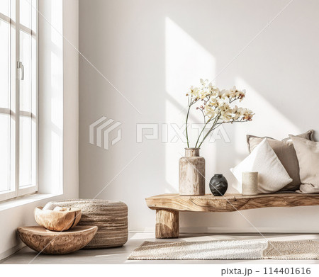 Minimalist interior design composition in a bright room with Scandinavian and zen decor. Home interiors in a luxurious style. 114401616