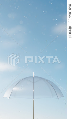 晴れた空と雨と透明なビニール傘。3D（縦長） 114401648