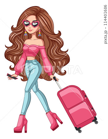 Brunette woman with pink suitcase in heart glasses Brunette woman with pink suitcase in heart glasses 114401686