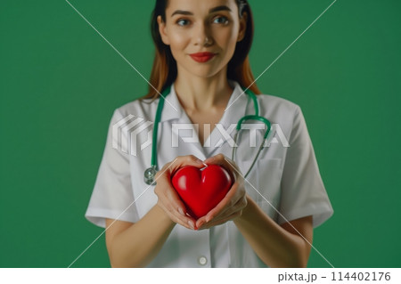 Female doctor with the stethoscope holding heart Female doctor with the stethoscope holding heart 114402176