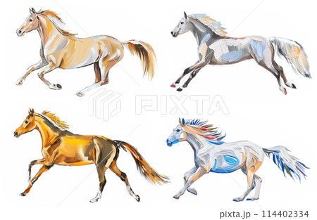 疾走するサラブレッド・馬の油絵タッチのイラスト4点セット　全身　白背景　年賀状素材　午年AI生成画像 114402334
