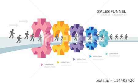 Infographic Sales funnel diagram template for business. Gear concept, digital marketing data, presentation vector infographics 114402420