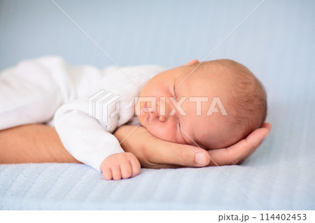 Newborn baby boy on a blue blanket 114402453