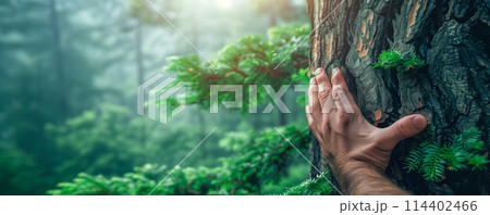 Closeup of hand of a man touching trunk of a big tree. Environmental protection concept. 114402466