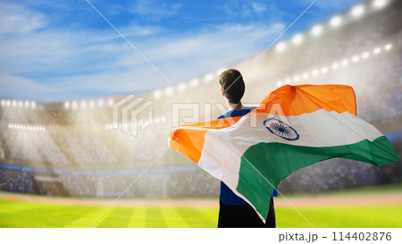 India cricket team supporter on stadium. India cricket team supporter on stadium. 114402876