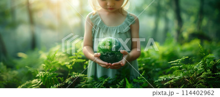 Girl holding and taking care of green earth globe. Caring for nature concept. 114402962