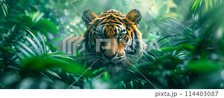 Close-up view of tiger in green forest. Wild animals concept. Close-up view of tiger in green forest. Wild animals concept. 114403087