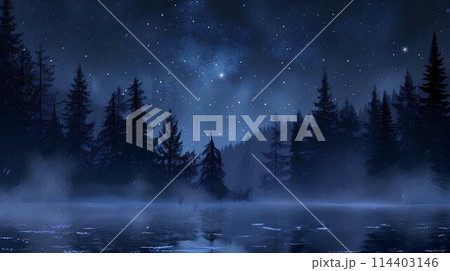 Dark fantasy winter forest. Night landscape with trees, fog, moon and rays of light. Winter background 114403146