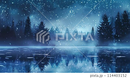 Dark fantasy winter forest. Night landscape with trees, fog, moon and rays of light. Winter background 114403152