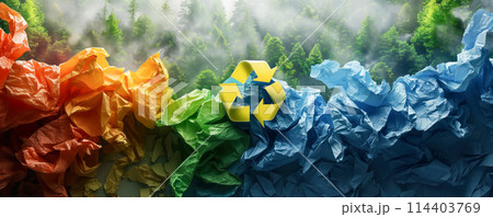 Conceptual illustration of recycling symbol on background of green forest and colourful crumpled papers. 114403769