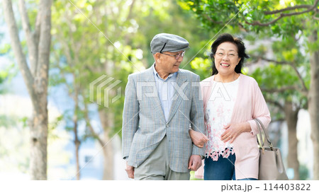 シニア夫婦　散歩　緑 114403822