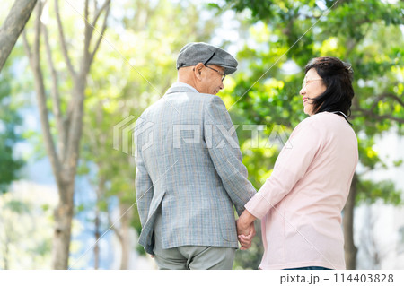 シニア夫婦 散歩 緑 後ろ姿 シニア夫婦 散歩 緑 後ろ姿 114403828