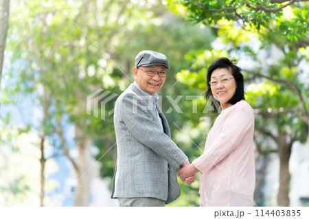 シニア夫婦　散歩　緑　振り向き 114403835