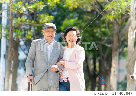 シニア夫婦 杖つく 散歩 緑 シニア夫婦 杖つく 散歩 緑 114403847