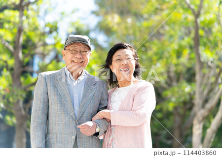 シニア夫婦　杖つく　散歩　緑 114403860